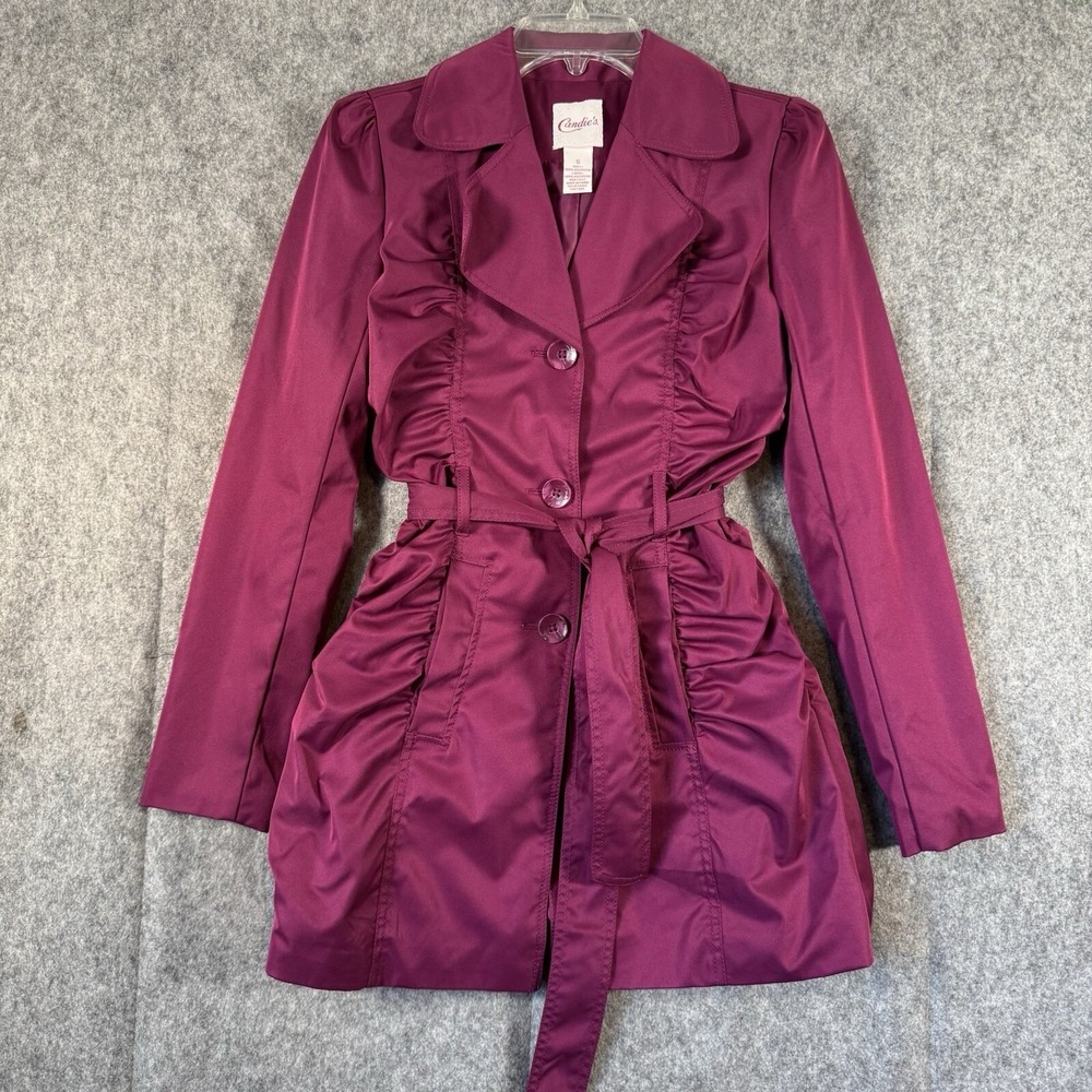 Y2k Candies Ruffled Belted Trench Coat Sz Small Purple Ruched Glam Mobwife Lux
